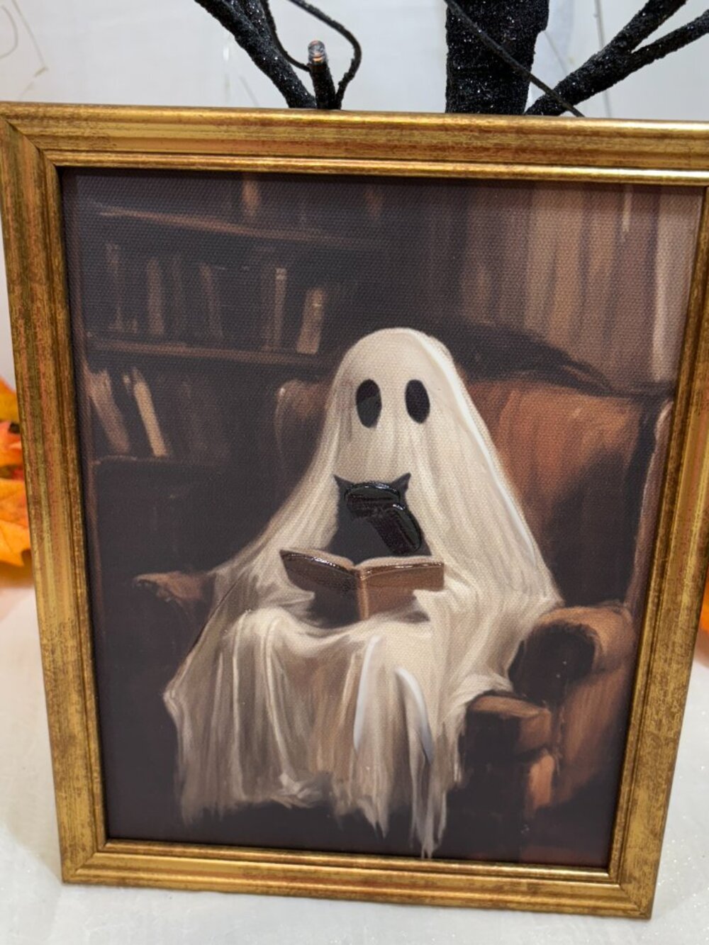 Halloween Gold Framed Canvas Black Cat And Ghost Wall Art 8" x10" New RARE CUTE - Picture 2 of 3
